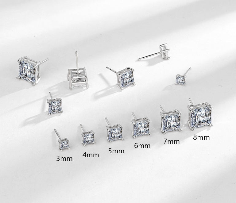 S925 Sterling Silver Classic Princess Four Claw Square Diamond Stud Earrings Women-Jewearrings