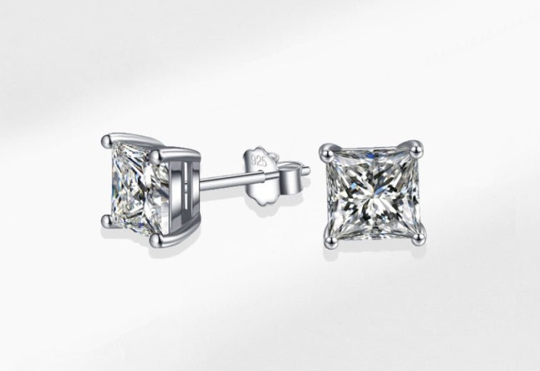 S925 Sterling Silver Classic Princess Four Claw Square Diamond Stud Earrings Women-Jewearrings