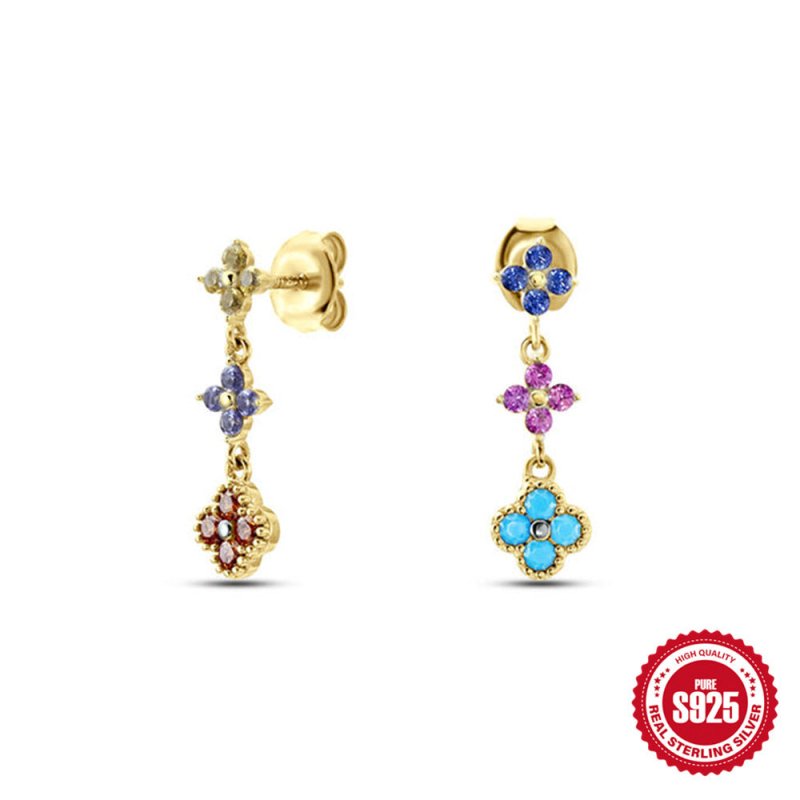 S925 Sterling Silver Colorful Diamond Flower Earrings-Jewearrings