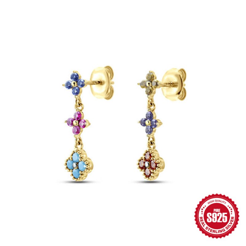 S925 Sterling Silver Colorful Diamond Flower Earrings-Jewearrings