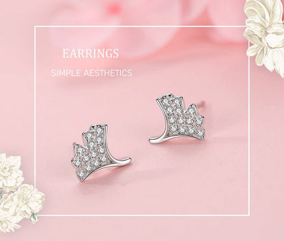 S925 Sterling Silver Diamond Ginkgo Leaf Stud Earrings-Jewearrings