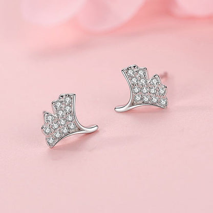 S925 Sterling Silver Diamond Ginkgo Leaf Stud Earrings-Jewearrings