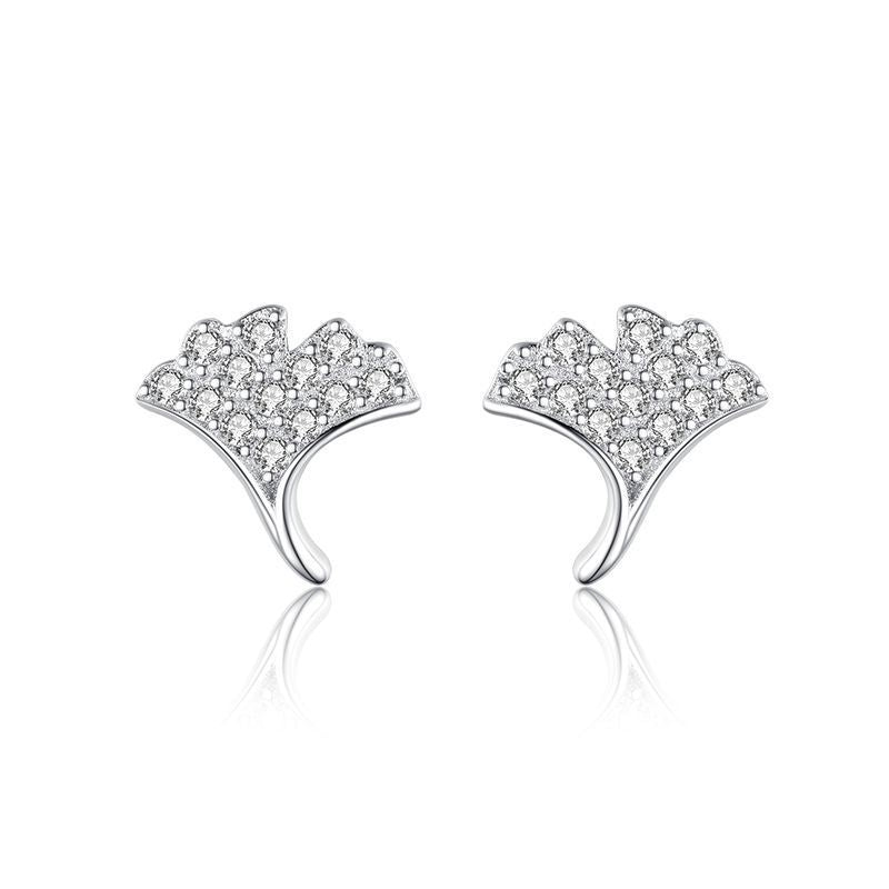 S925 Sterling Silver Diamond Ginkgo Leaf Stud Earrings-Jewearrings