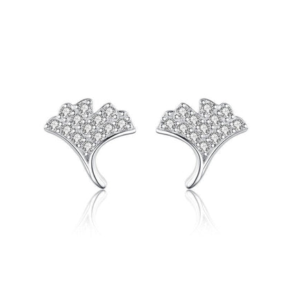 S925 Sterling Silver Diamond Ginkgo Leaf Stud Earrings-Jewearrings