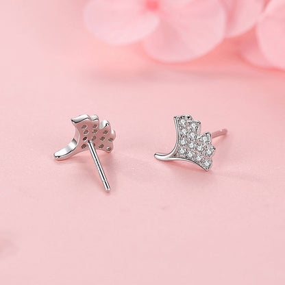 S925 Sterling Silver Diamond Ginkgo Leaf Stud Earrings-Jewearrings