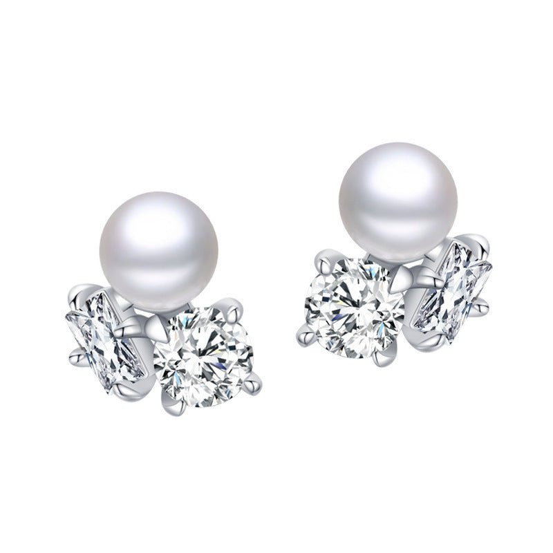 S925 Sterling Silver Diamond Pearl Stud Earrings-Jewearrings