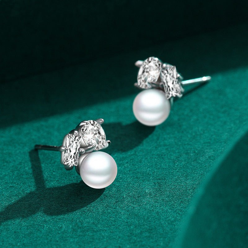 S925 Sterling Silver Diamond Pearl Stud Earrings-Jewearrings