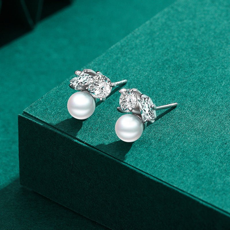 S925 Sterling Silver Diamond Pearl Stud Earrings-Jewearrings