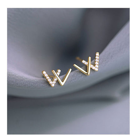 S925 Sterling Silver Double V Letter W Earrings New Diamond-Studded Small Earrings Fashionable All-Match Earrings-Jewearrings