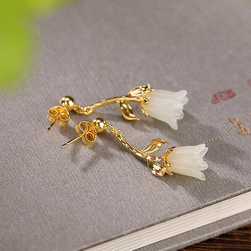 S925 Sterling Silver Gold-plated Jade Blue Bell Flower Stud Earrings-Jewearrings