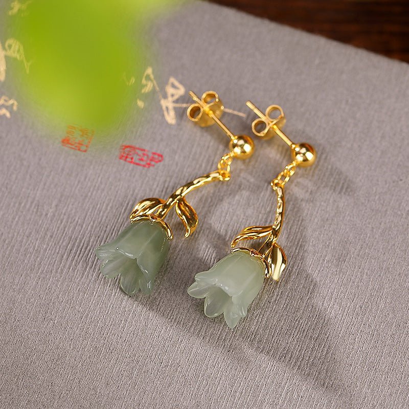 S925 Sterling Silver Gold-plated Jade Blue Bell Flower Stud Earrings-Jewearrings