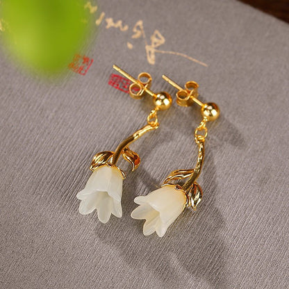 S925 Sterling Silver Gold-plated Jade Blue Bell Flower Stud Earrings-Jewearrings