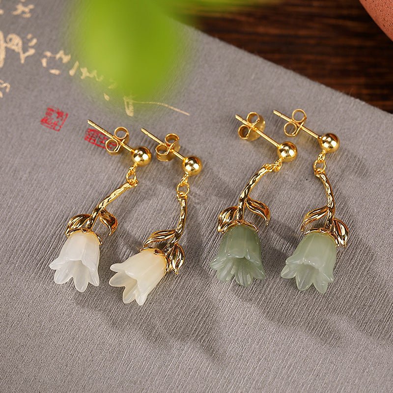 S925 Sterling Silver Gold-plated Jade Blue Bell Flower Stud Earrings-Jewearrings