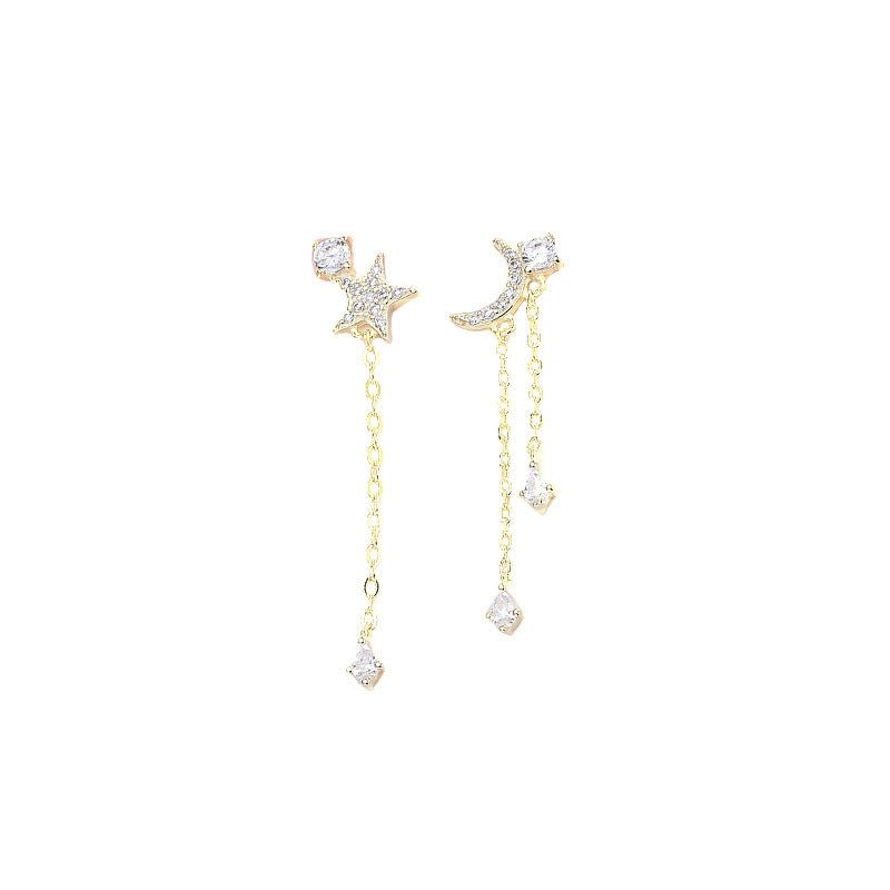 S925 Sterling Silver Korean Version of Diamond-studded Zircon Stars and Moon Asymmetrical Earrings Light Luxury Style Tassel Earrings-Jewearrings