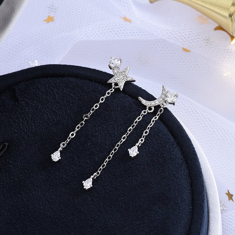 S925 Sterling Silver Korean Version of Diamond-studded Zircon Stars and Moon Asymmetrical Earrings Light Luxury Style Tassel Earrings-Jewearrings