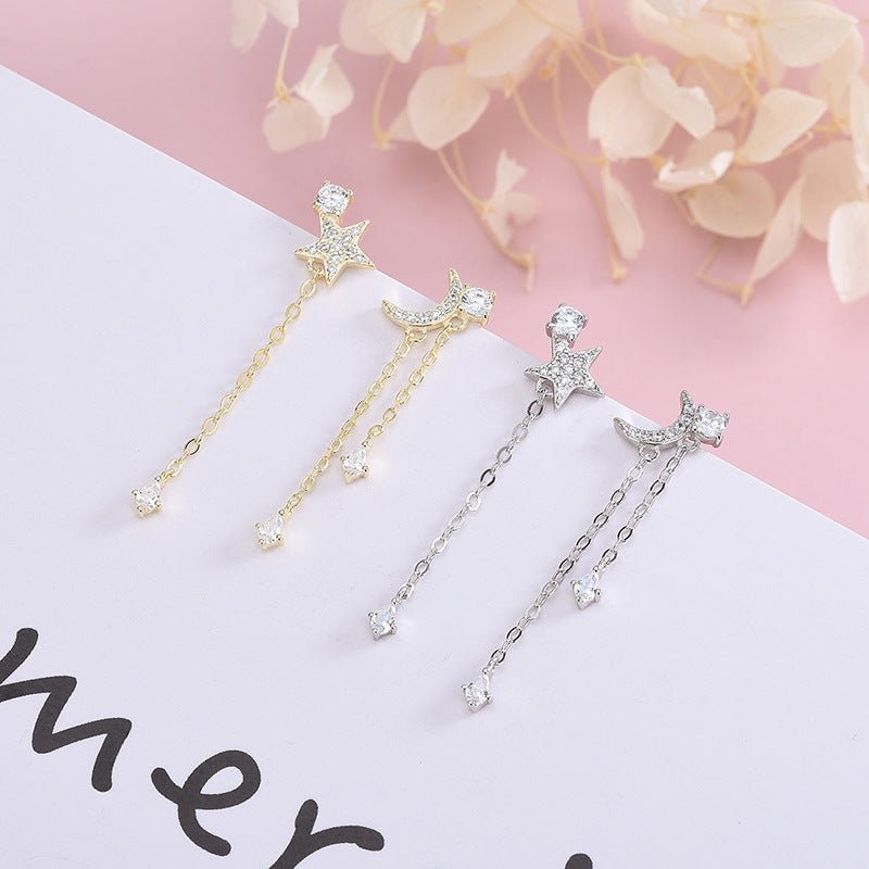 S925 Sterling Silver Korean Version of Diamond-studded Zircon Stars and Moon Asymmetrical Earrings Light Luxury Style Tassel Earrings-Jewearrings