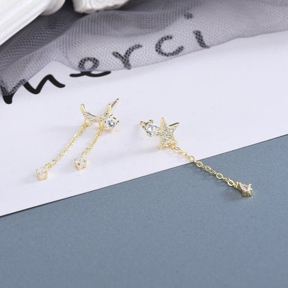 S925 Sterling Silver Korean Version of Diamond-studded Zircon Stars and Moon Asymmetrical Earrings Light Luxury Style Tassel Earrings-Jewearrings