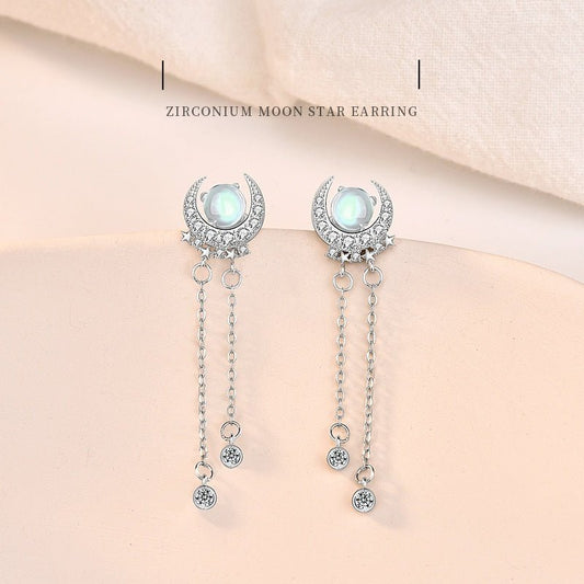 S925 Sterling Silver Long Elegant Bright Moon Star Moonstone Tassel Earrings Women's High-grade Cold Style-Jewearrings