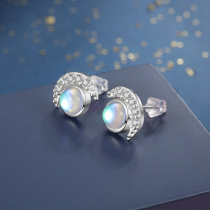 S925 Sterling Silver Moon Shaped Diamond Stud Earrings-Jewearrings