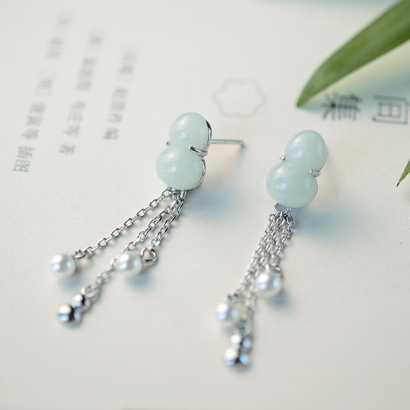 S925 Sterling Silver Natural Jade Gourd Fulu Tassel Temperament All-match Lady Long Earrings-Jewearrings