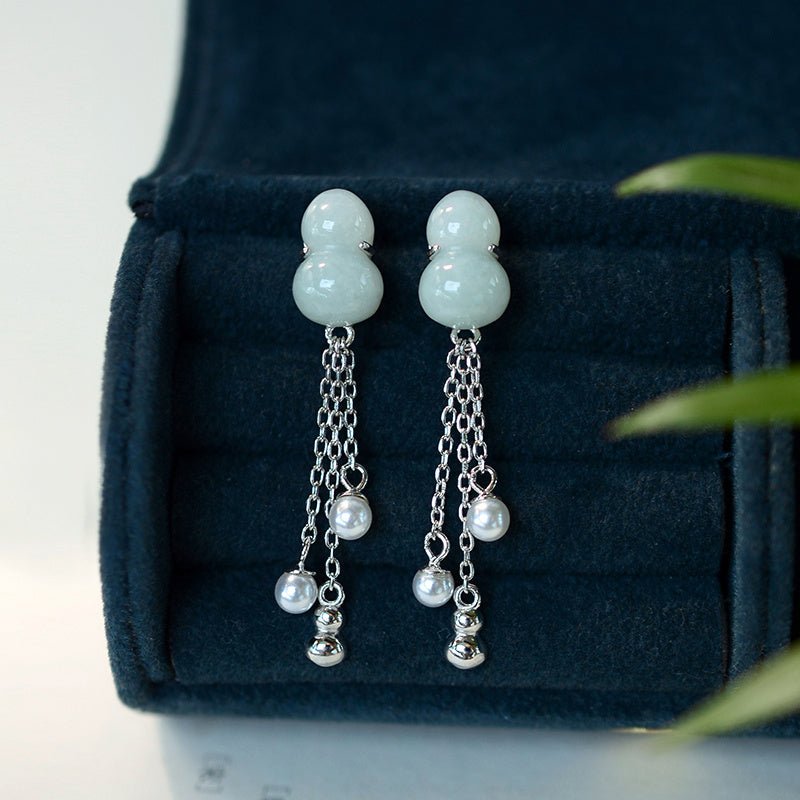 S925 Sterling Silver Natural Jade Gourd Fulu Tassel Temperament All-match Lady Long Earrings-Jewearrings