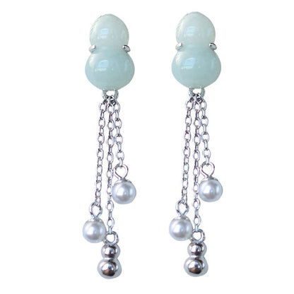 S925 Sterling Silver Natural Jade Gourd Fulu Tassel Temperament All-match Lady Long Earrings-Jewearrings