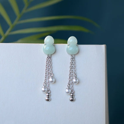 S925 Sterling Silver Natural Jade Gourd Fulu Tassel Temperament All-match Lady Long Earrings-Jewearrings