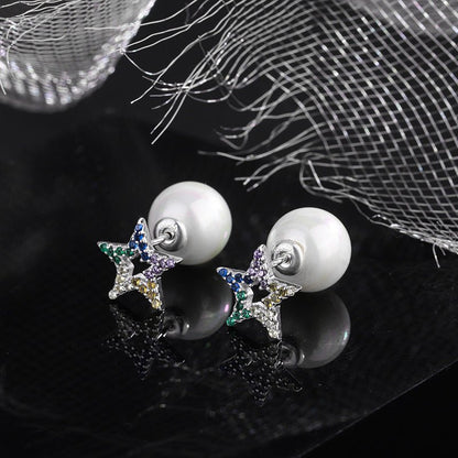 S925 Sterling Silver Pearl Zircon Five Pointed Star Color Diamond Front And Rear Multiple Wearing Earrings-Jewearrings