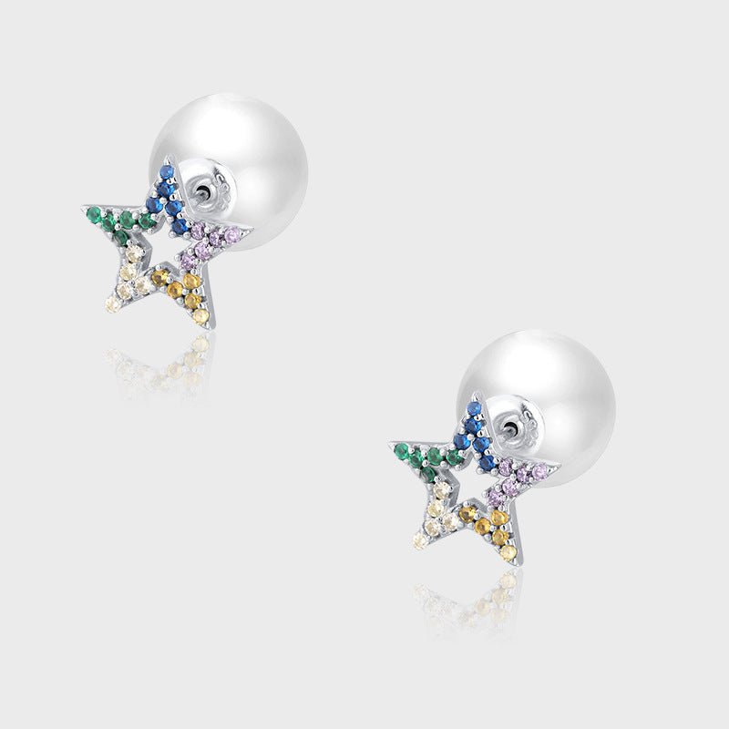 S925 Sterling Silver Pearl Zircon Five Pointed Star Color Diamond Front And Rear Multiple Wearing Earrings-Jewearrings