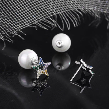 S925 Sterling Silver Pearl Zircon Five Pointed Star Color Diamond Front And Rear Multiple Wearing Earrings-Jewearrings