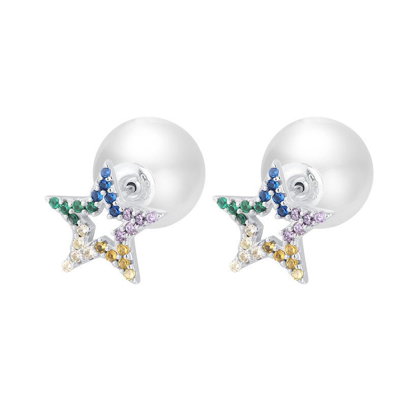 S925 Sterling Silver Pearl Zircon Five Pointed Star Color Diamond Front And Rear Multiple Wearing Earrings-Jewearrings