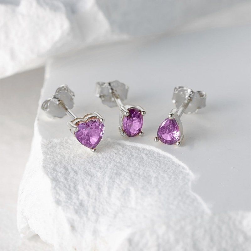 S925 Sterling Silver Purple Cluster Heart-shaped Diamond Stud Earrings-Jewearrings