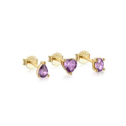 S925 Sterling Silver Purple Cluster Heart-shaped Diamond Stud Earrings-Jewearrings