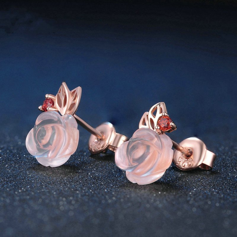 S925 Sterling Silver Rose flower Pink Crystal Stud Earrings-Jewearrings