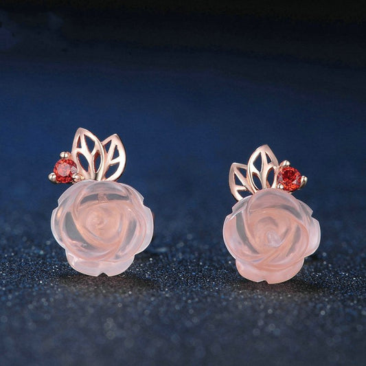 S925 Sterling Silver Rose flower Pink Crystal Stud Earrings-Jewearrings