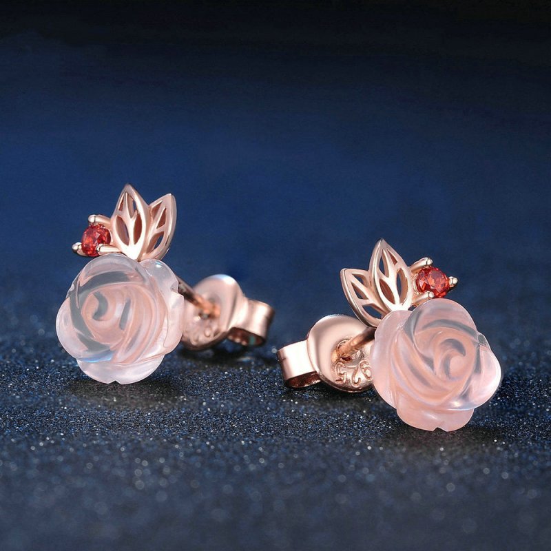 S925 Sterling Silver Rose flower Pink Crystal Stud Earrings-Jewearrings