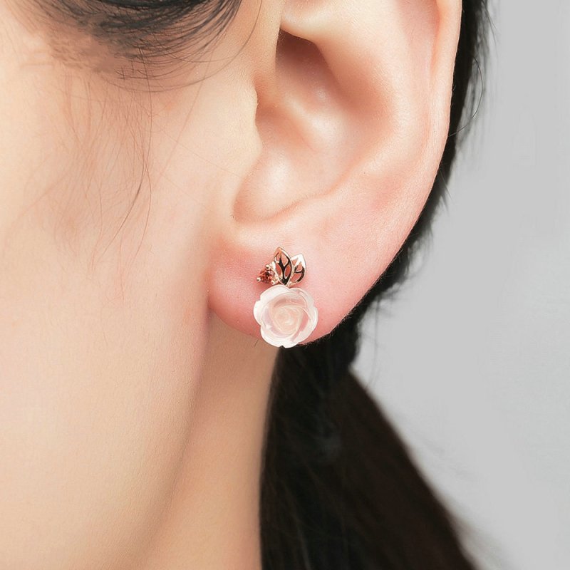 S925 Sterling Silver Rose flower Pink Crystal Stud Earrings-Jewearrings