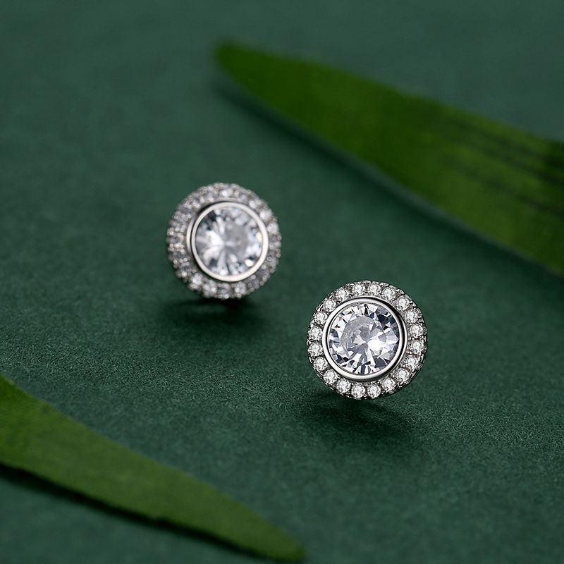 S925 Sterling Silver Round Simulation Diamond Stud Earrings-Jewearrings