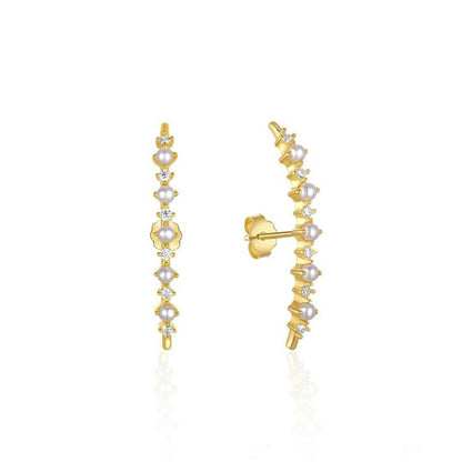 S925 Sterling Silver Single Row Diamond Pearl Earrings-Jewearrings