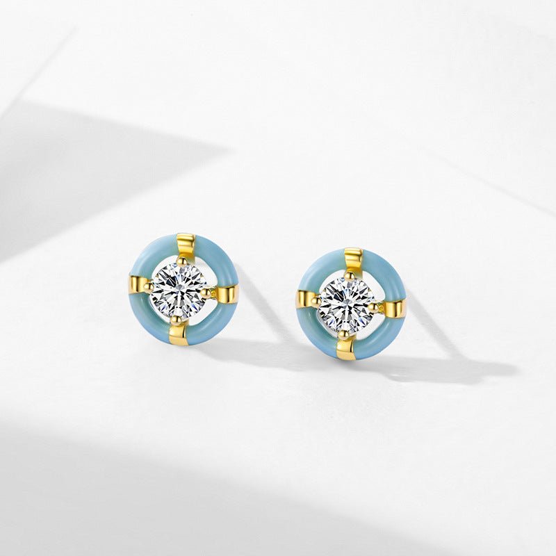 S925 Sterling Silver Special-interest Design Round Blue Enamel Stud Earrings-Jewearrings