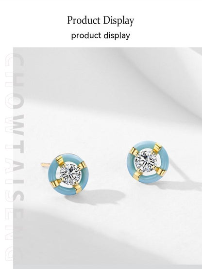 S925 Sterling Silver Special-interest Design Round Blue Enamel Stud Earrings-Jewearrings