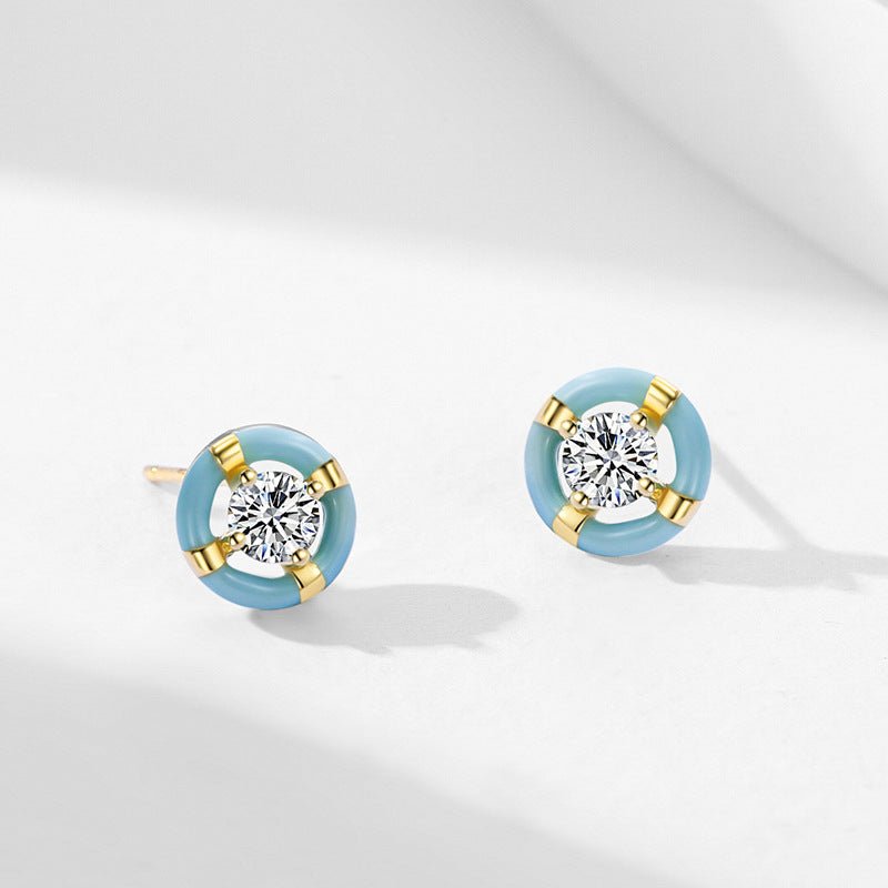 S925 Sterling Silver Special-interest Design Round Blue Enamel Stud Earrings-Jewearrings