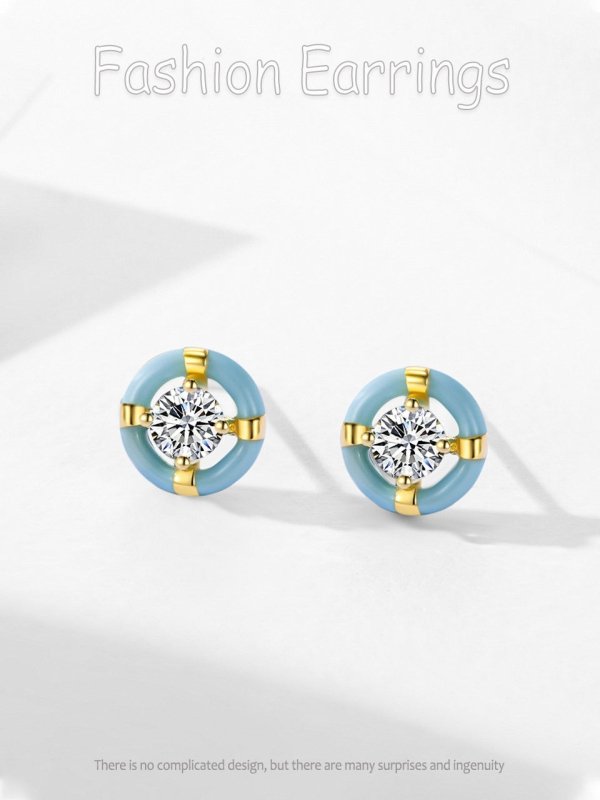 S925 Sterling Silver Special-interest Design Round Blue Enamel Stud Earrings-Jewearrings