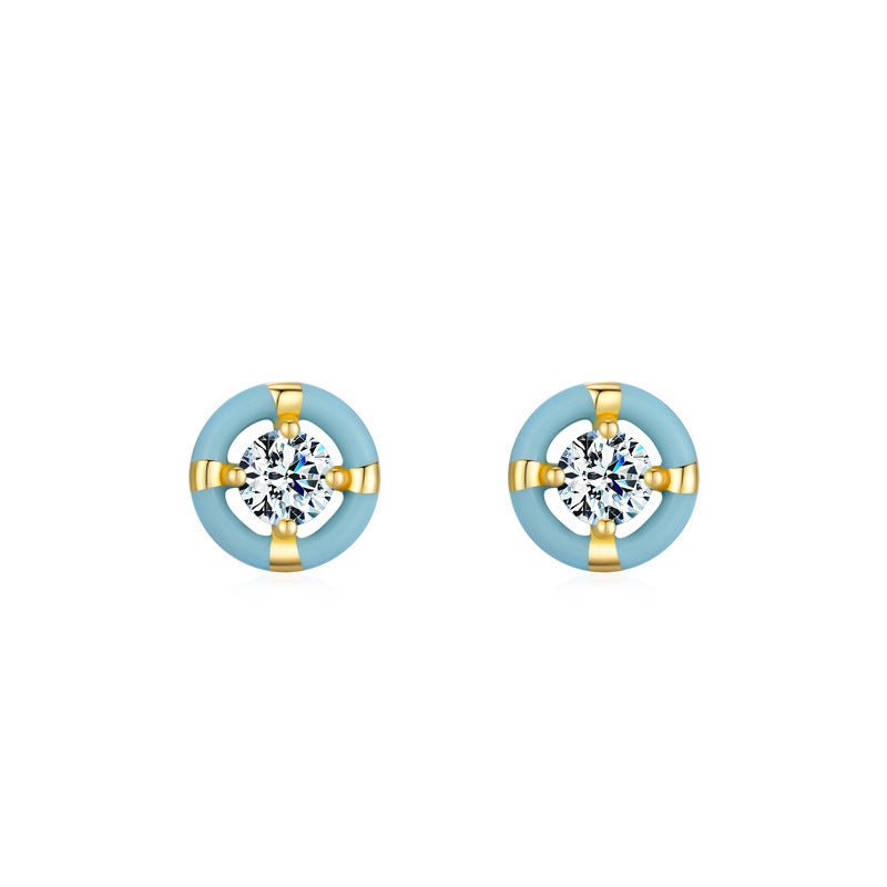 S925 Sterling Silver Special-interest Design Round Blue Enamel Stud Earrings-Jewearrings