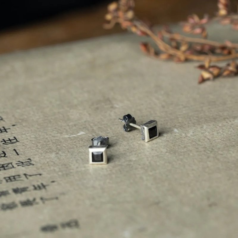 S925 Sterling Silver Square Black Diamond Unisex Style Stud Earrings-Jewearrings