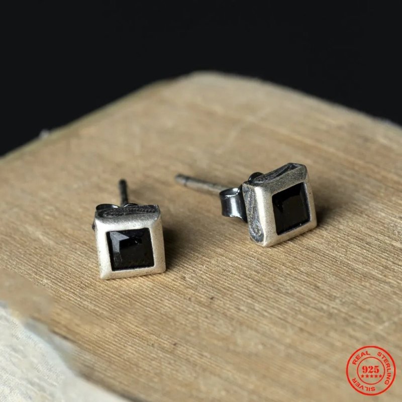 S925 Sterling Silver Square Black Diamond Unisex Style Stud Earrings-Jewearrings