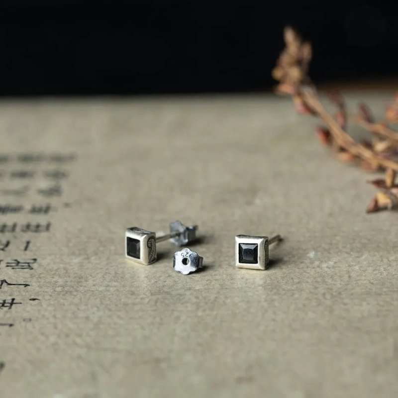 S925 Sterling Silver Square Black Diamond Unisex Style Stud Earrings-Jewearrings