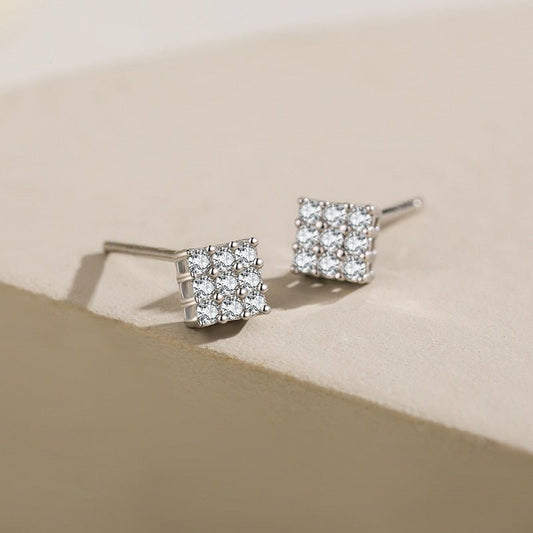 S925 Sterling Silver Square Full Diamond Delicate Stud Earrings-Jewearrings