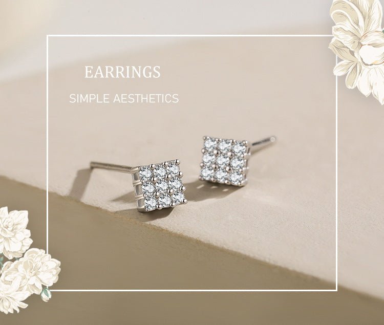 S925 Sterling Silver Square Full Diamond Delicate Stud Earrings-Jewearrings