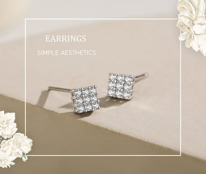 S925 Sterling Silver Square Full Diamond Delicate Stud Earrings-Jewearrings